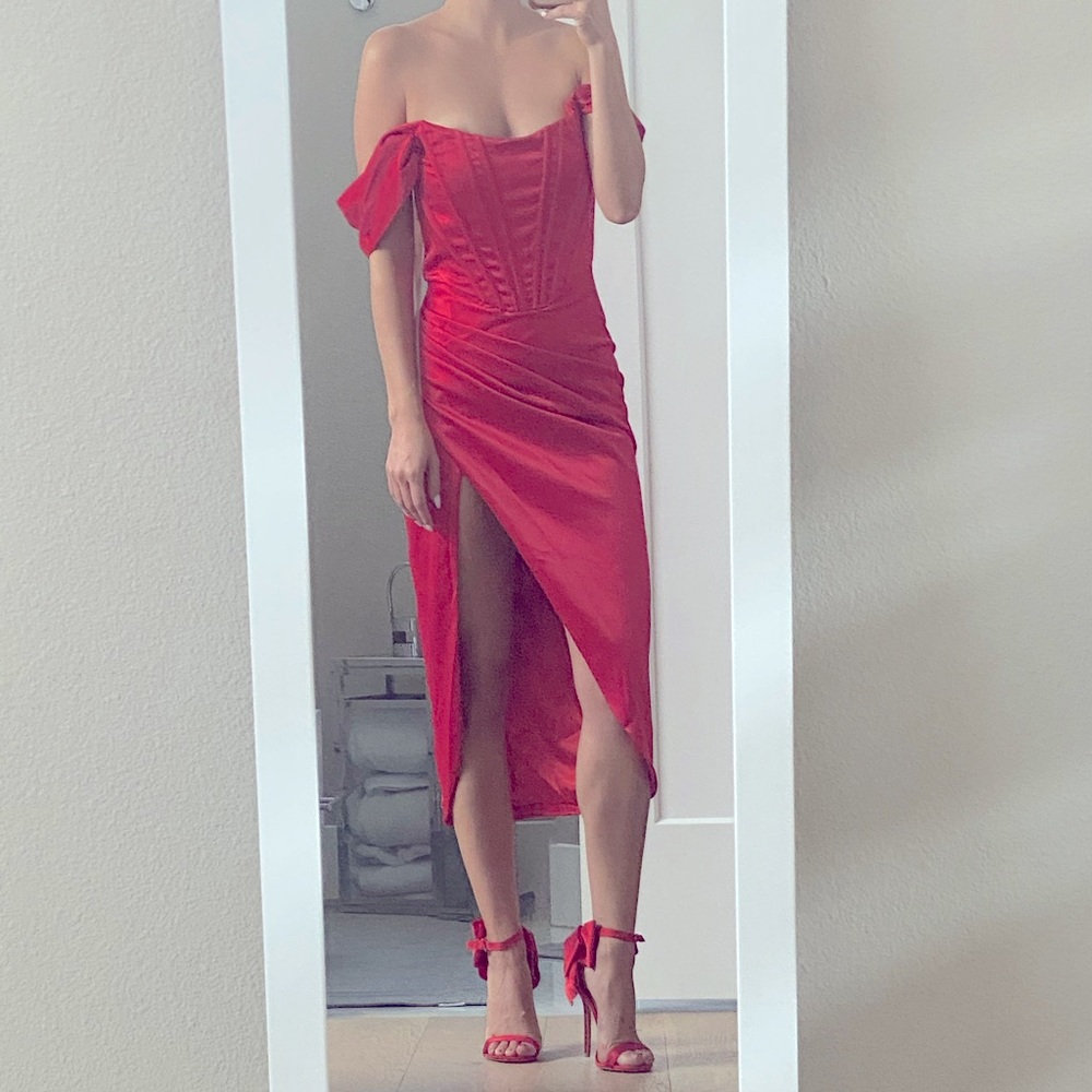 HOUSE OF CB holiday dress. Off the shoulder, corset style with sexy high slit.